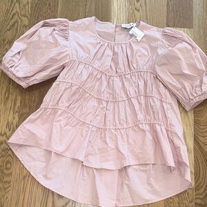 Moodie Tiered Poplin Pink Puff Sleeve Blouse NWT